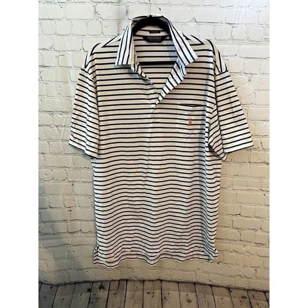 Polo Golf Ralph Lauren Mens Large Performance Striped Polo Shirt Navy White